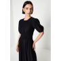 Shirred Bodice Puff Sleeve Midi Dress