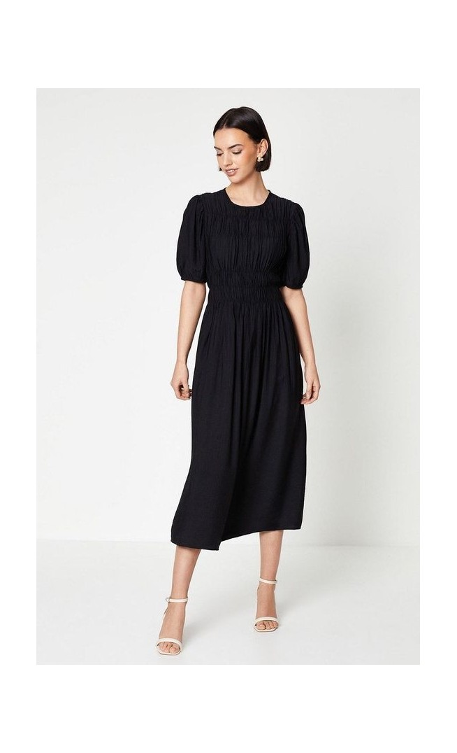 Shirred Bodice Puff Sleeve Midi Dress