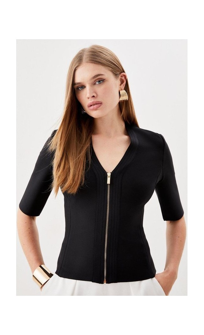 Bandage Figure Form Knit Zip Front Collared Top