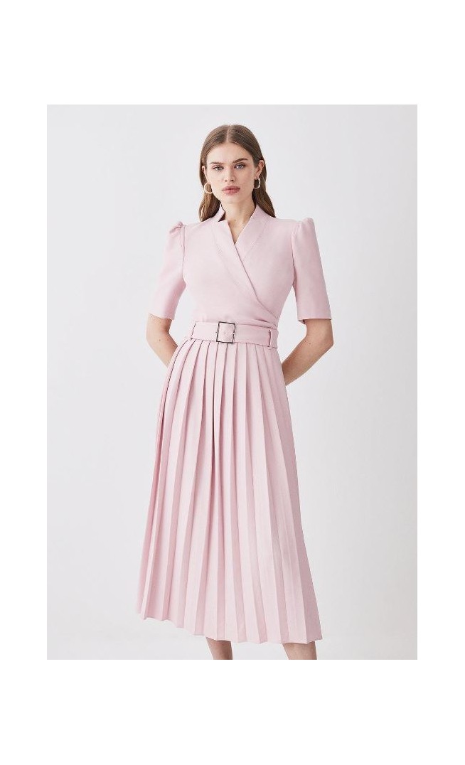 Structured Crepe Notch Neck Wrap Belted Forever Midi Dress