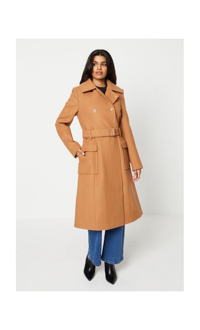 Petite Wool Look Belted Popper Button Coat