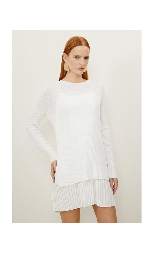 Rib Knitted 2 In 1 Dress With Georgette Pleated Slip