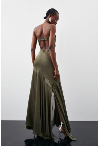 Khaki Sheer Panelled Satin Woven Maxi Dress