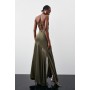 Khaki Sheer Panelled Satin Woven Maxi Dress