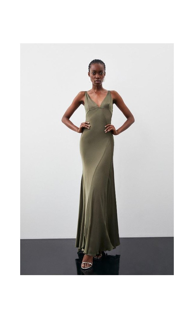 Khaki Sheer Panelled Satin Woven Maxi Dress