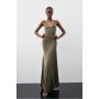 Khaki Sheer Panelled Satin Woven Maxi Dress