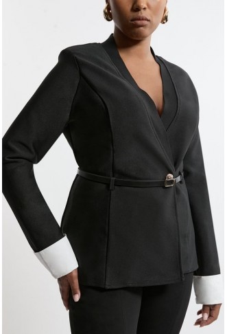 Plus Size Figure Form Bandage Knit Woven Cuff And Belted Jacket