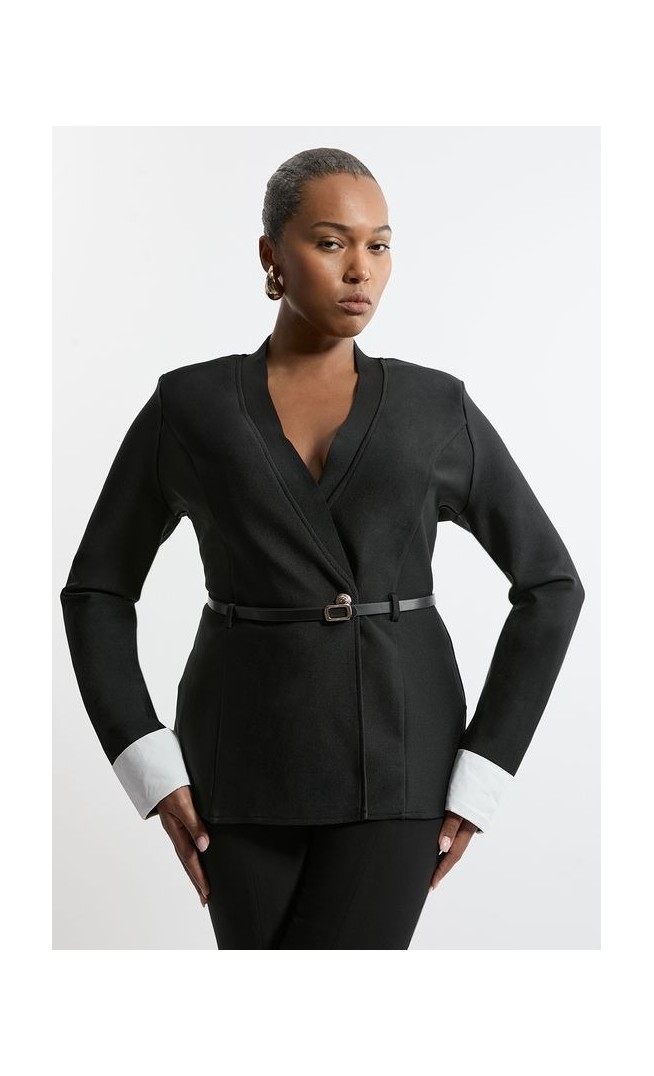 Plus Size Figure Form Bandage Knit Woven Cuff And Belted Jacket