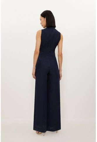 Petite Premium Tailored Linen Notch Neck Belted Straight Leg Jumpsuit