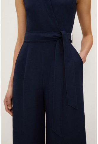 Petite Premium Tailored Linen Notch Neck Belted Straight Leg Jumpsuit