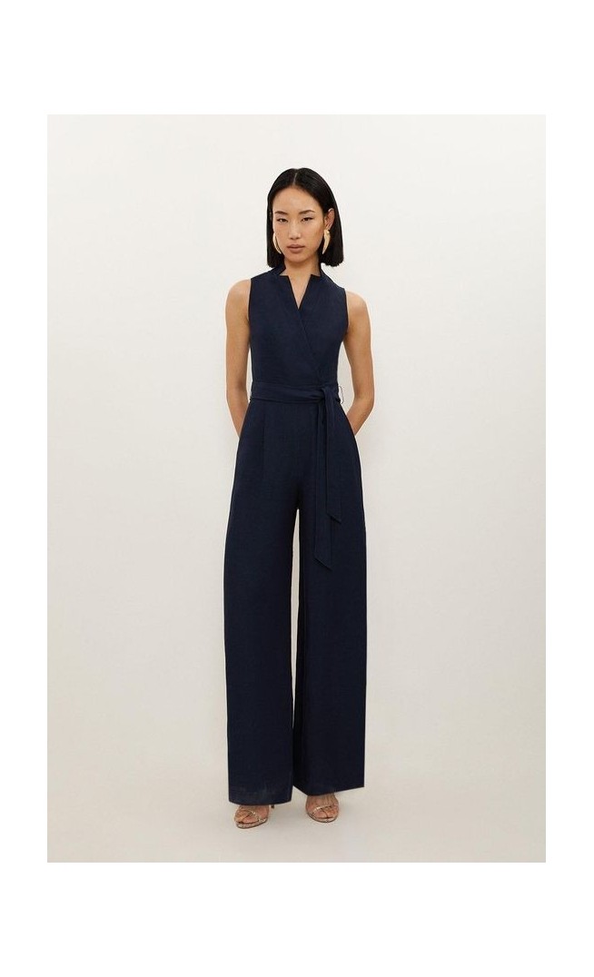 Petite Premium Tailored Linen Notch Neck Belted Straight Leg Jumpsuit