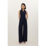 Petite Premium Tailored Linen Notch Neck Belted Straight Leg Jumpsuit