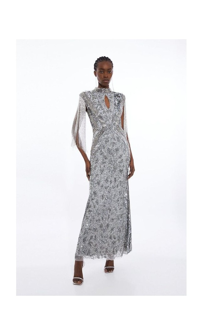 Embellished Beaded Cap Sleeve Woven Maxi Dress