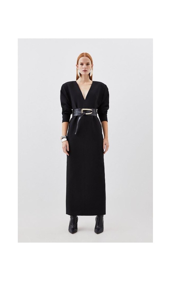 Compact Stretch Tailored Ruched Sleeve Maxi Dress