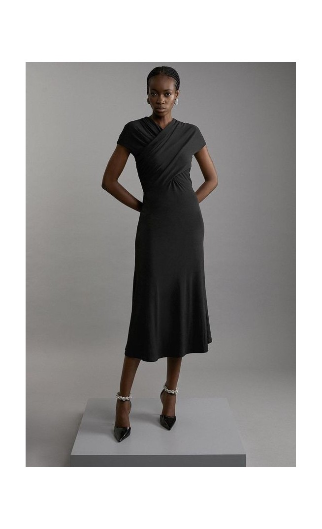 Jersey Crepe Ruched Sleeveless Maxi Dress