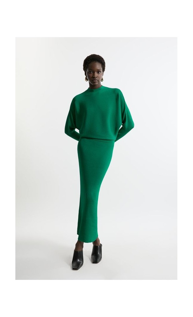 Slinky Drape Knit Bat Wing Pencil Midi Dress