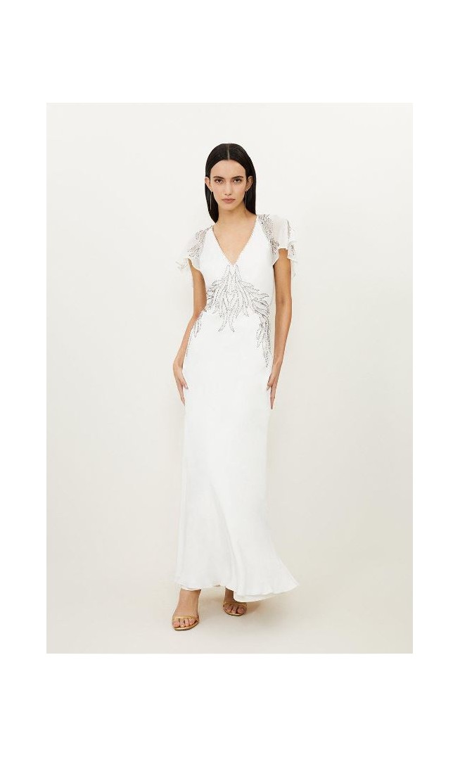 Embellished Applique Georgette Satin Woven Maxi Dress