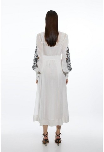 Petite Embroidery Bib Detail Woven Maxi Dress