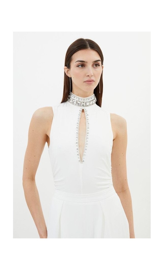 Embellished Detail Drapey Crepe Jersey Bodysuit