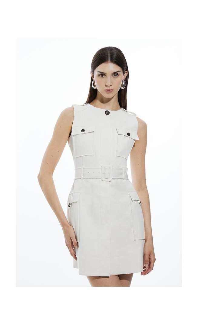 Cotton Safari Cargo Pocket Belted Mini Dress