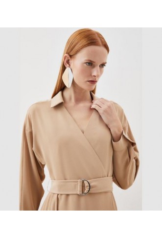 Soft Tailored Pleat Detail Belted Shirt Dress