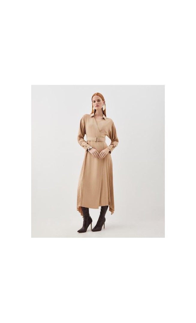 Soft Tailored Pleat Detail Belted Shirt Dress