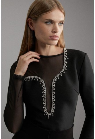 Figure Form Bandage Mesh Detail Embellished Knit Top