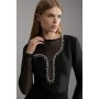 Figure Form Bandage Mesh Detail Embellished Knit Top