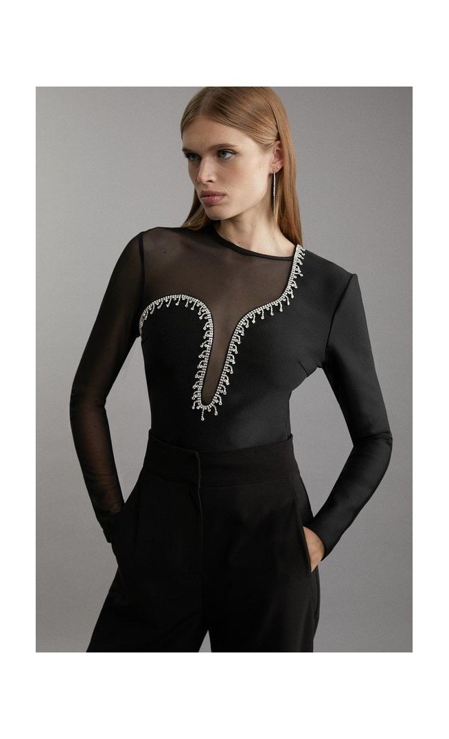 Figure Form Bandage Mesh Detail Embellished Knit Top