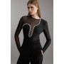 Figure Form Bandage Mesh Detail Embellished Knit Top