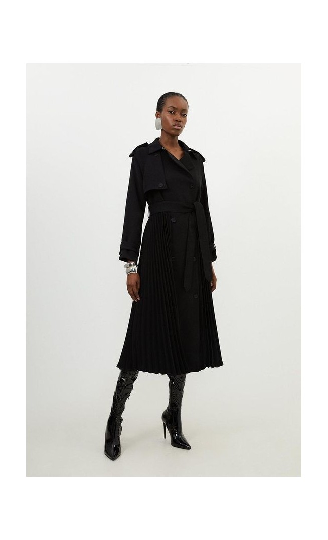 Tailored Pleat Detail Belted Trench Coat