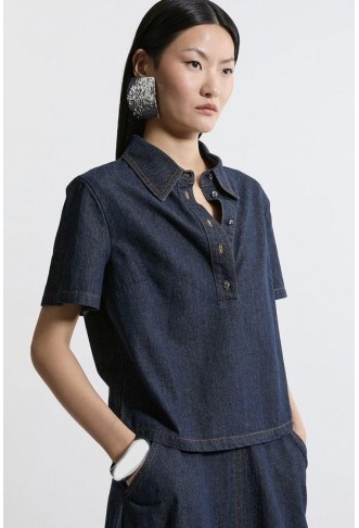 Denim Short Sleeve Button...