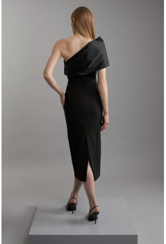 Clean Tailored Taffeta One Shoulder Panel Midi Dress