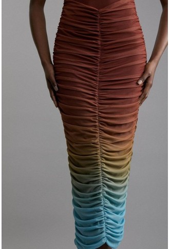 Ombre Jersey Mesh Halter Ruched Midi Dress