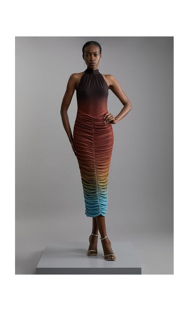 Ombre Jersey Mesh Halter Ruched Midi Dress