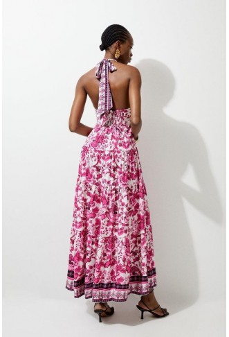 Floral Printed Viscose Woven Halter Maxi Dress