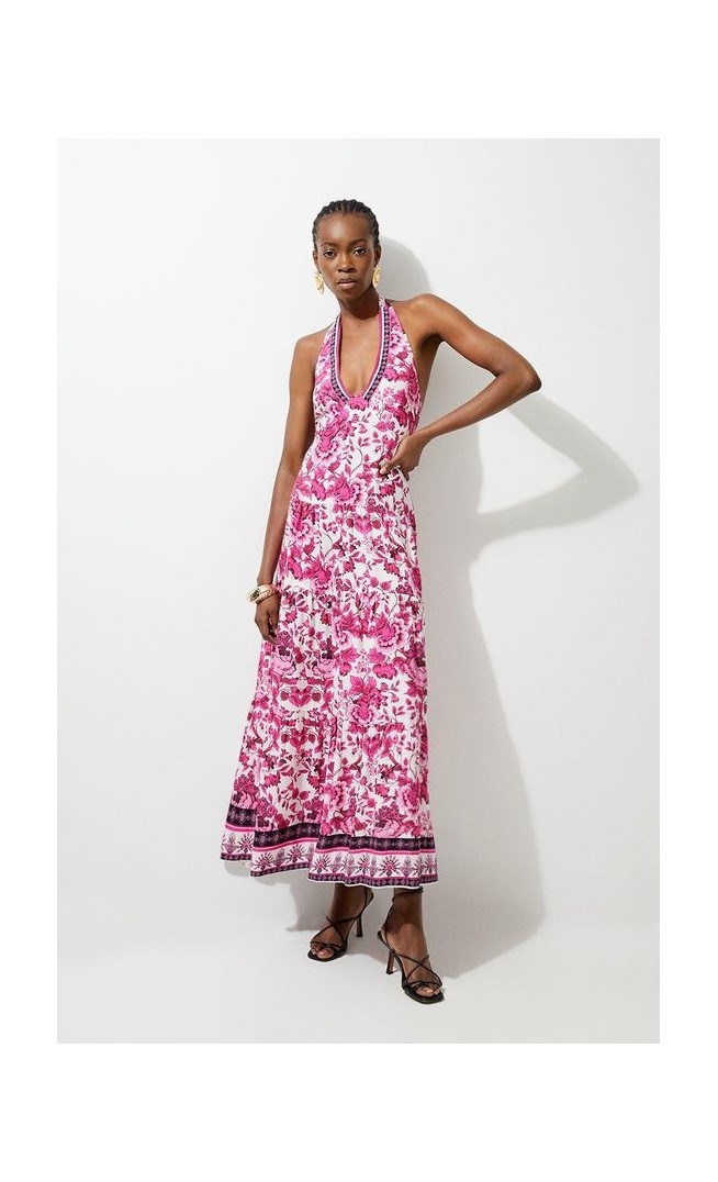 Floral Printed Viscose Woven Halter Maxi Dress