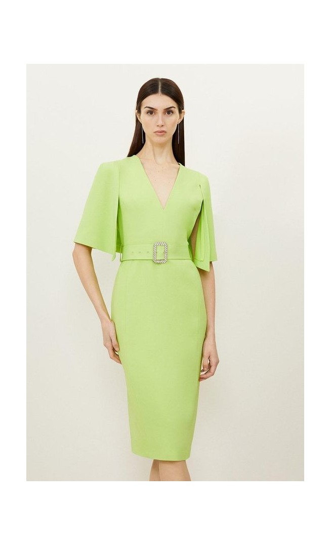 Compact Stretch Viscose Cape Pencil Midi Dress