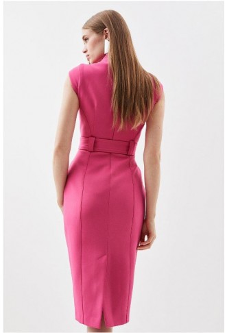 Compact Stretch Tailored Forever Belted Cap Sleeve Pencil Dress