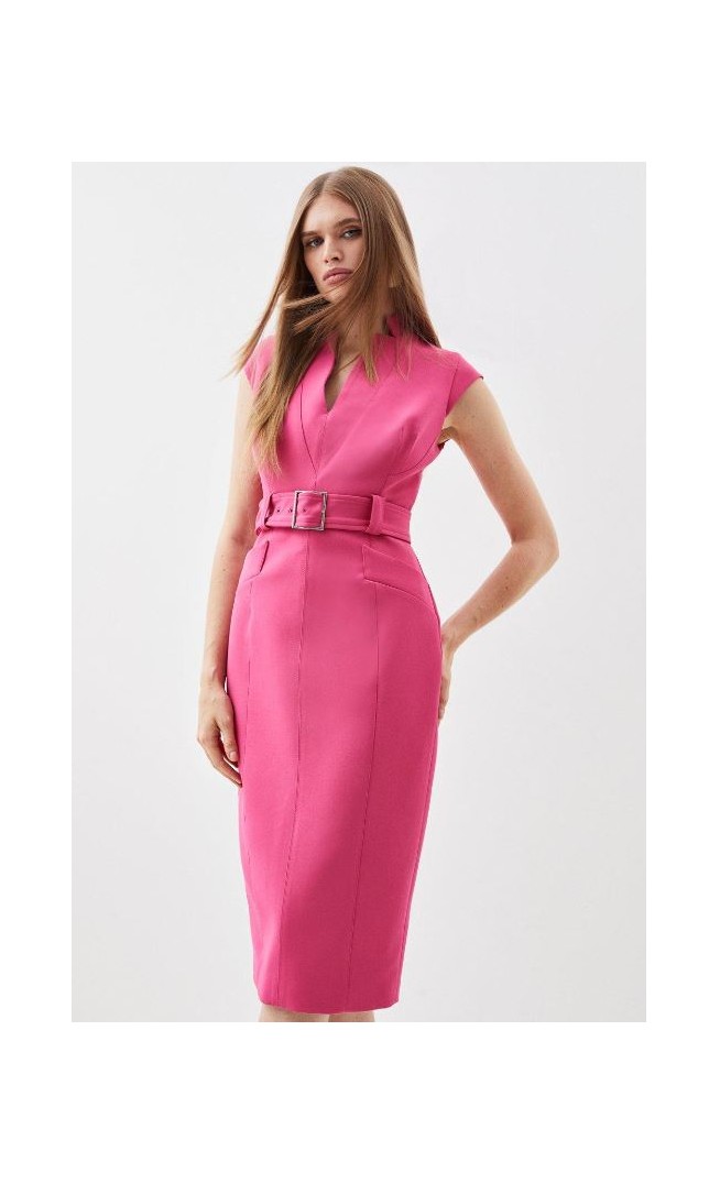 Compact Stretch Tailored Forever Belted Cap Sleeve Pencil Dress