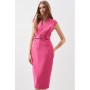 Compact Stretch Tailored Forever Belted Cap Sleeve Pencil Dress