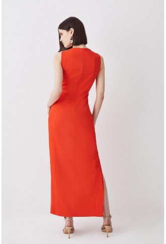 Italian Structured Rib & Satin Contrast Panel Midi Dress