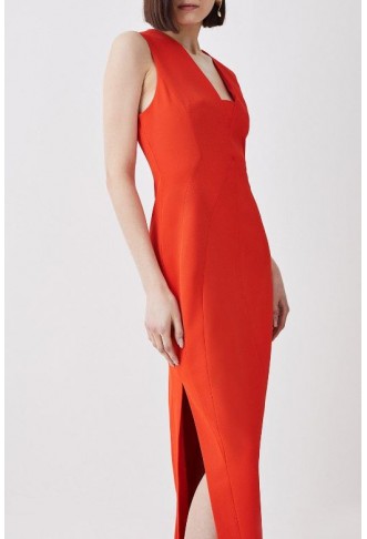 Italian Structured Rib & Satin Contrast Panel Midi Dress