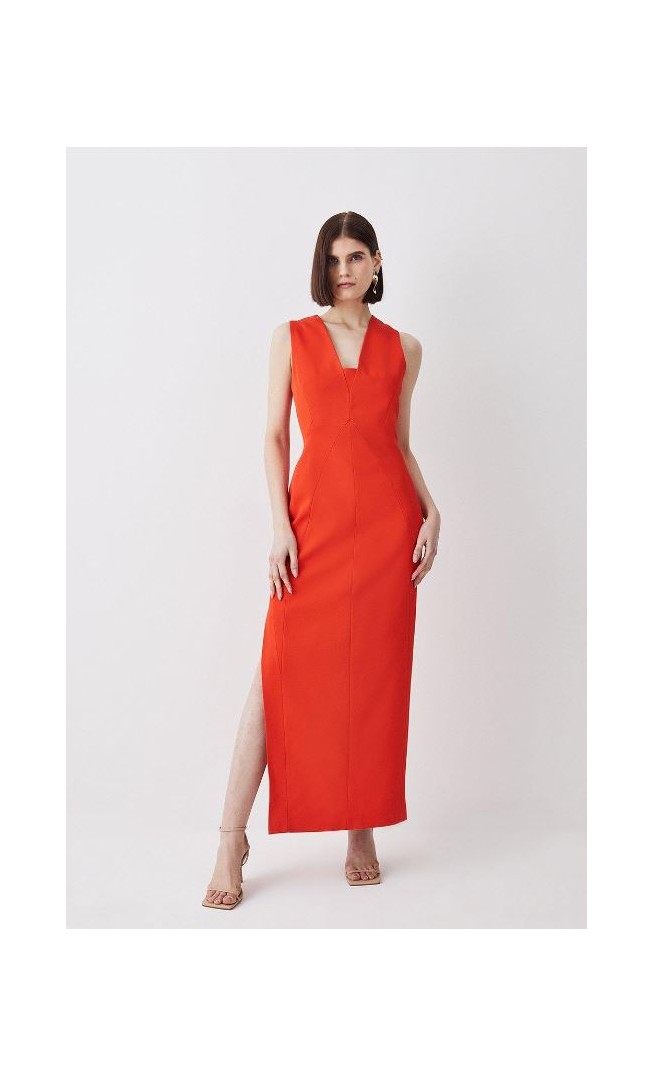 Italian Structured Rib & Satin Contrast Panel Midi Dress