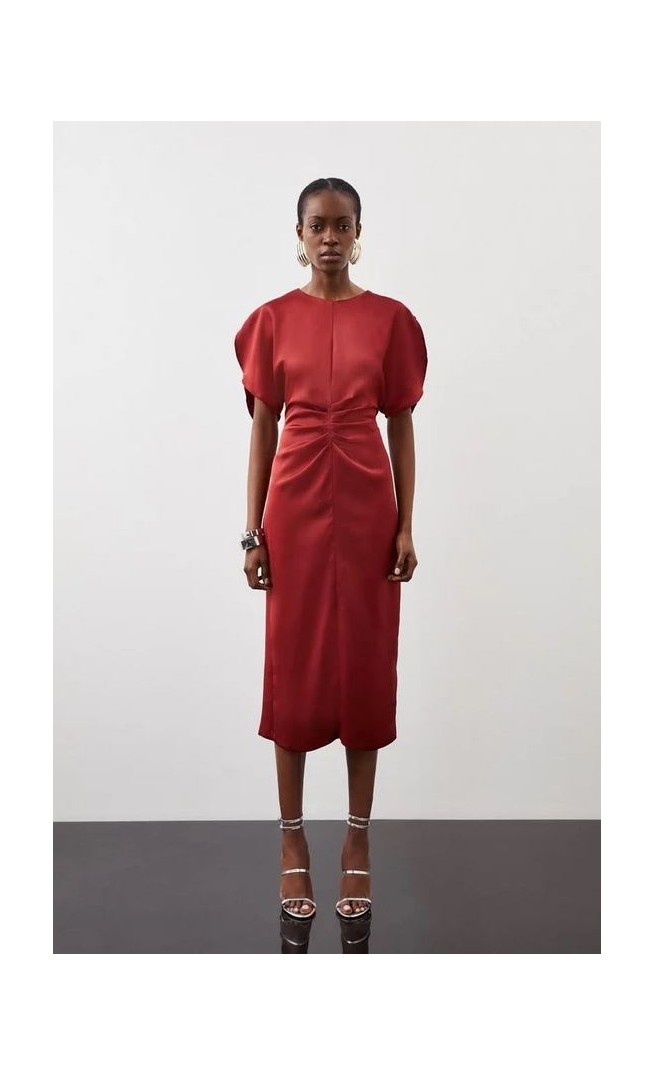 Tailored Satin Back Crepe Ruched Front Midi Dress