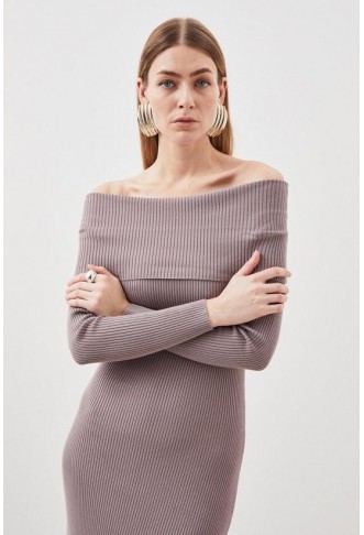 Viscose Blend Bardot Knit Midi Dress