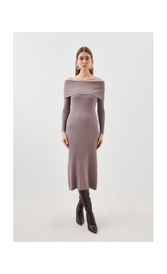 Viscose Blend Bardot Knit Midi Dress