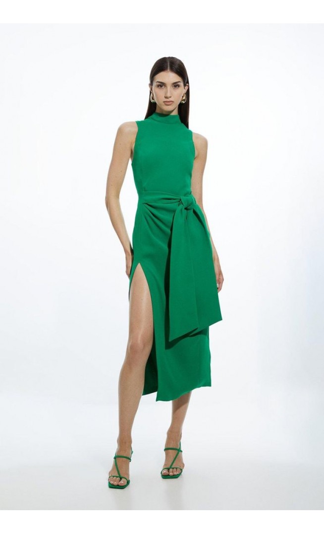 Fluid Tailored Waist Tie Midi Pencil Dress