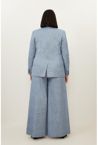 Plus Size Tailored Denim Look Linen Wide Leg Trousers