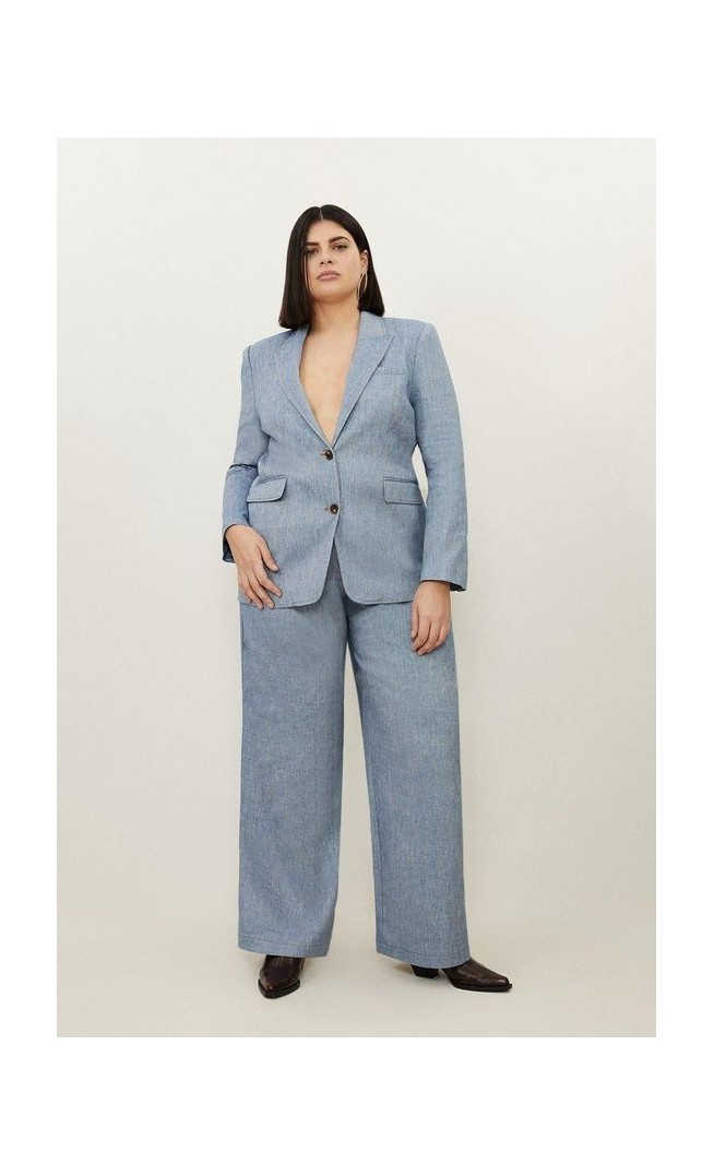 Plus Size Tailored Denim Look Linen Wide Leg Trousers